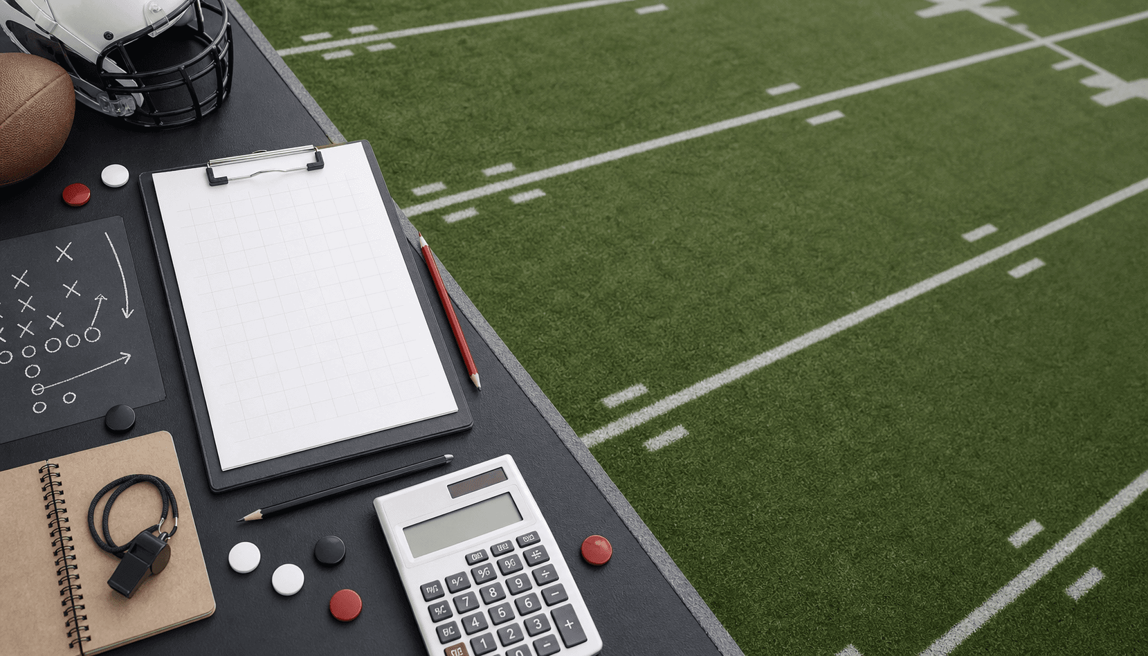 Football strategy desk beside a field